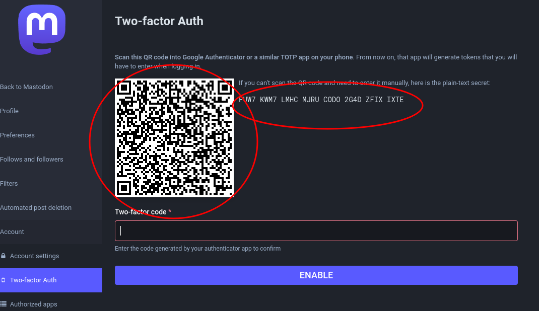 QR code and text codes exposed