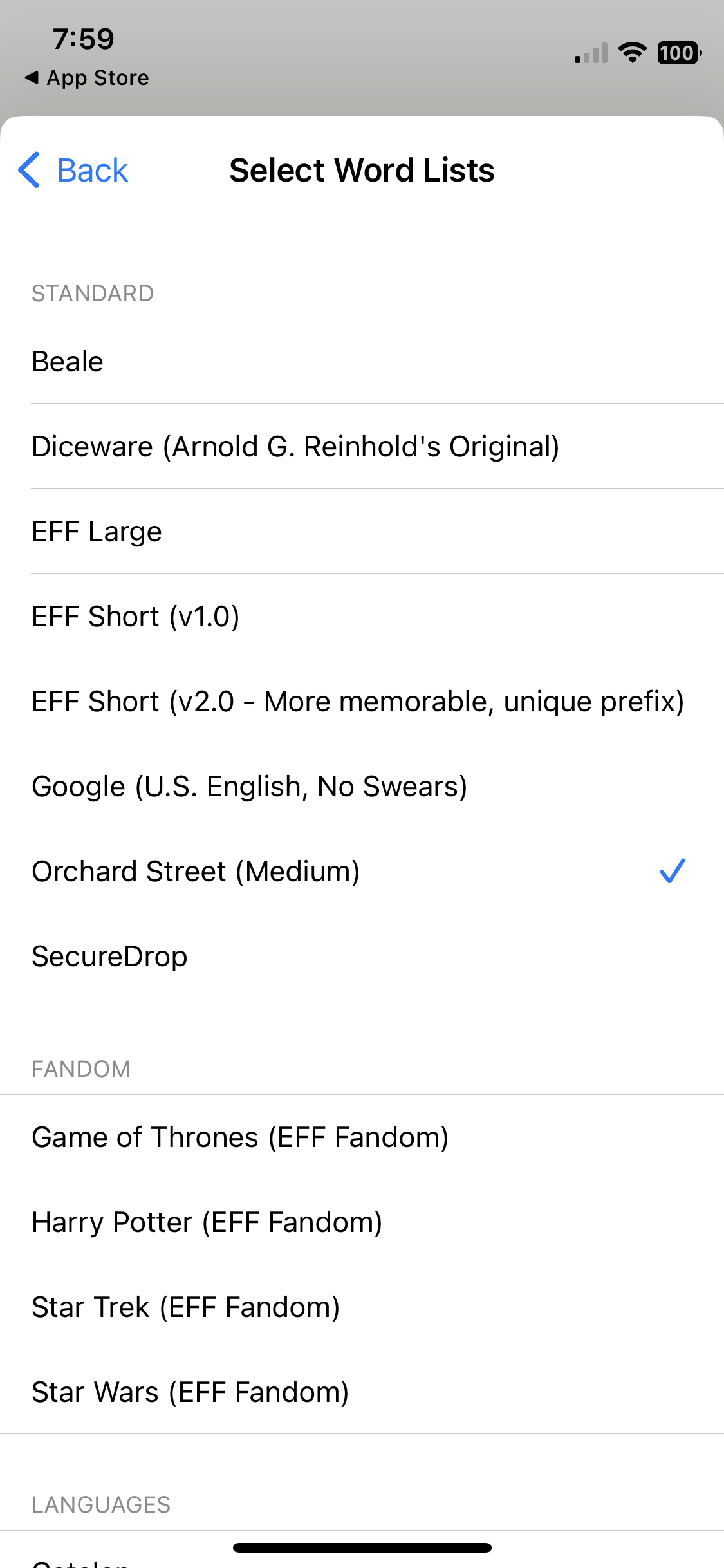 Screenshot of Strongbox password manager iOS app. Menu is labeled "Select Word Lists". Among the options is "Orchard Street (Medium)", which is selected.
